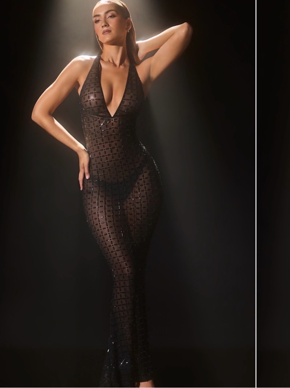 NWT - Oh Polly Black Embellished Sheer Halter Maxi Dress US 14